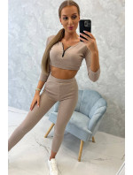 Žebrovaný crop top set tmavě béžový