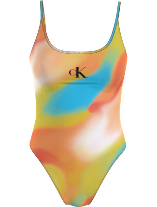 Dámské jednodílné plavky SCOOP ONE PIECE-PRINT KW0KW02086 0G0 oranžovožluté - Calvin Klein