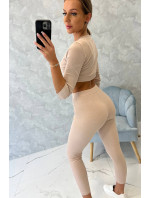 Žebrovaný crop top set světle béžový