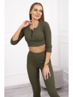 Žebrovaný crop top set khaki barvy