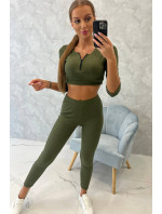 Žebrovaný crop top set khaki barvy