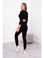 Žebrovaný crop top set v černé barvě