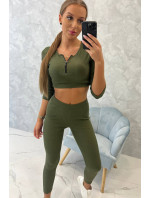 Žebrovaný crop top set khaki barvy