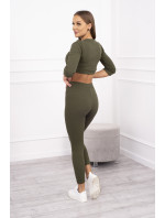 Žebrovaný crop top set khaki barvy