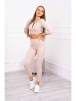 Žebrovaný crop top set světle béžový