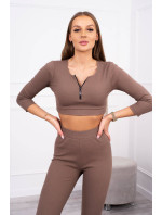 Žebrovaný crop top set mocca