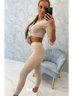 Žebrovaný crop top set světle béžový