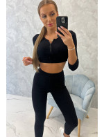 Žebrovaný crop top set v černé barvě