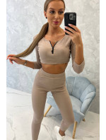 Žebrovaný crop top set tmavě béžový