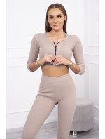 Žebrovaný crop top set tmavě béžový