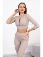 Žebrovaný crop top set tmavě béžový