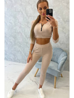 Žebrovaný crop top set světle béžový