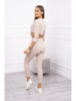 Žebrovaný crop top set světle béžový