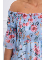 Šaty na ramena s květinovým vzorem azurové barvy