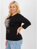 Dámská černá halenka plus size s nápisem a kamínky